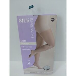 2 Pair Silk Impressions Silky Soft Silver Sheer Shimmer 20 Denier Pantyhose XXXL